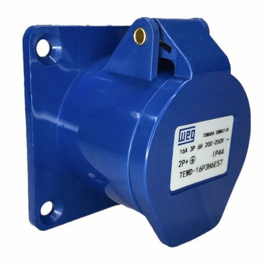 tomada industrial embutir 2P+T 16A 6H azul 200~250Vca IP44 linha standard TEWD-16P3H6E57 WEG 14684937 [12.12.02.005 e 6]